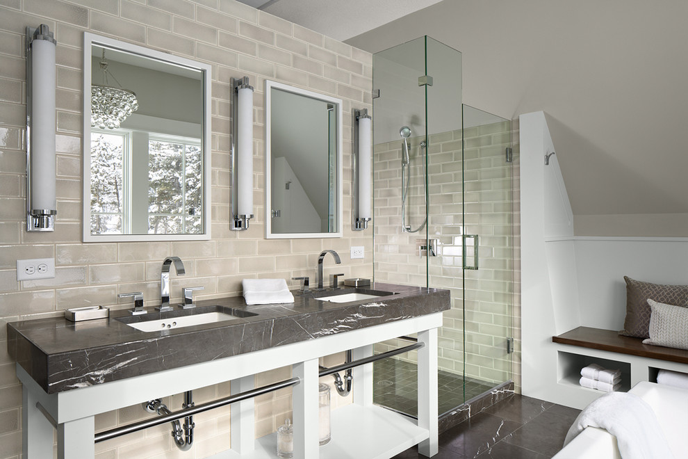 Inspiration for a large contemporary master bathroom in Minneapolis with an undermount sink, white cabinets, a corner shower, gray tile, a one-piece toilet, ceramic tile, grey walls, marble floors, marble benchtops and open cabinets.