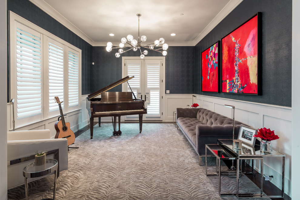 Inspiration for a transitional family room in Chicago with a music area, grey walls, dark hardwood floors and brown floor.