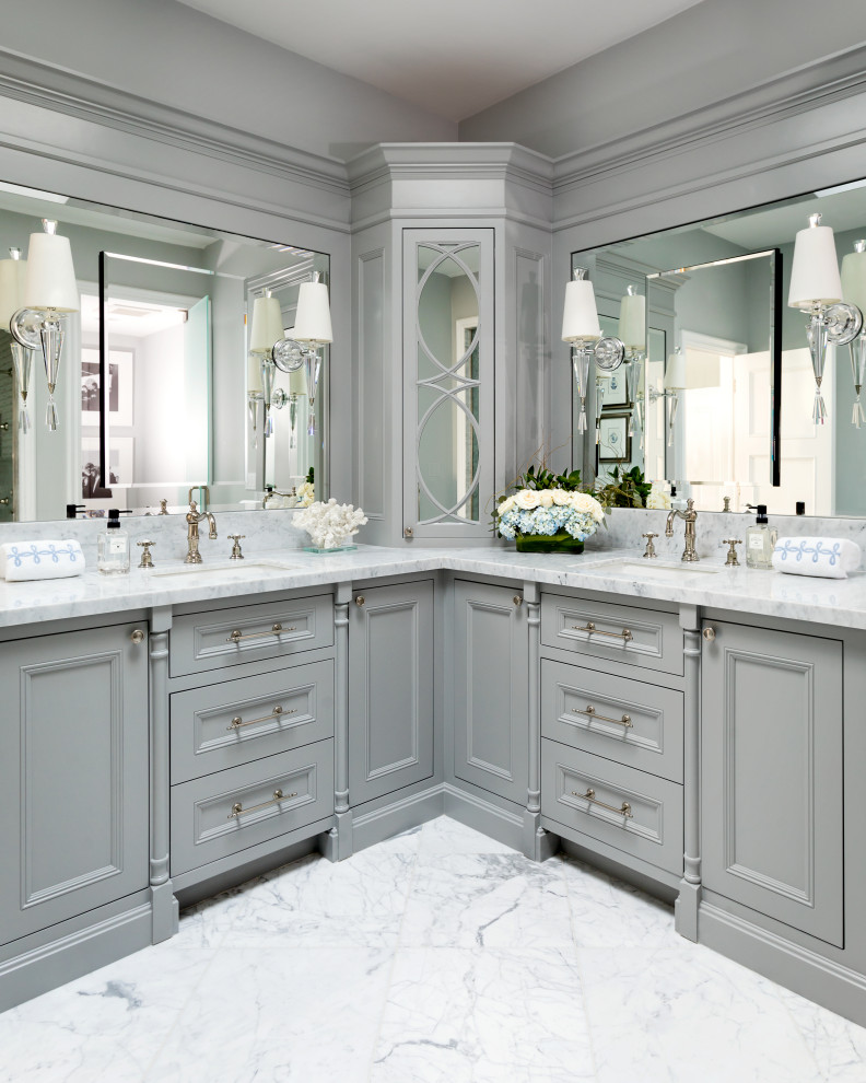 Large transitional master bathroom in Los Angeles with recessed-panel cabinets, grey cabinets, grey walls, porcelain floors, an undermount sink, grey floor, grey benchtops, a double vanity and a built-in vanity.