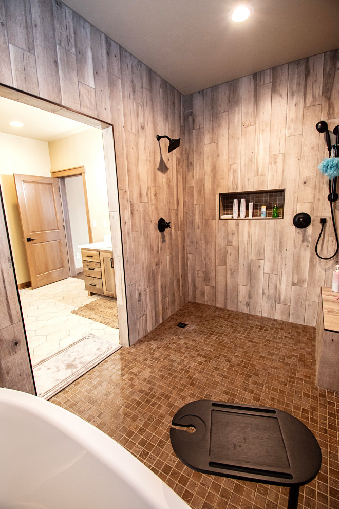 Inspiration for a large rustic master multicolored tile and ceramic tile ceramic tile, multicolored floor and double-sink freestanding bathtub remodel with flat-panel cabinets, medium tone wood cabinets, beige walls, a drop-in sink, quartzite countertops, multicolored countertops and a freestanding vanity