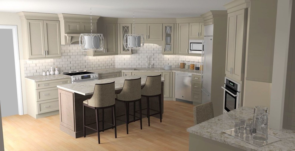 Enclosed kitchen - mid-sized transitional u-shaped medium tone wood floor enclosed kitchen idea with an undermount sink, shaker cabinets, beige cabinets, quartz countertops, white backsplash, stainless steel appliances and an island