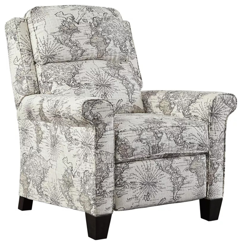 Upholstered Low Leg Power Recliner with World Map Print, White and Gray