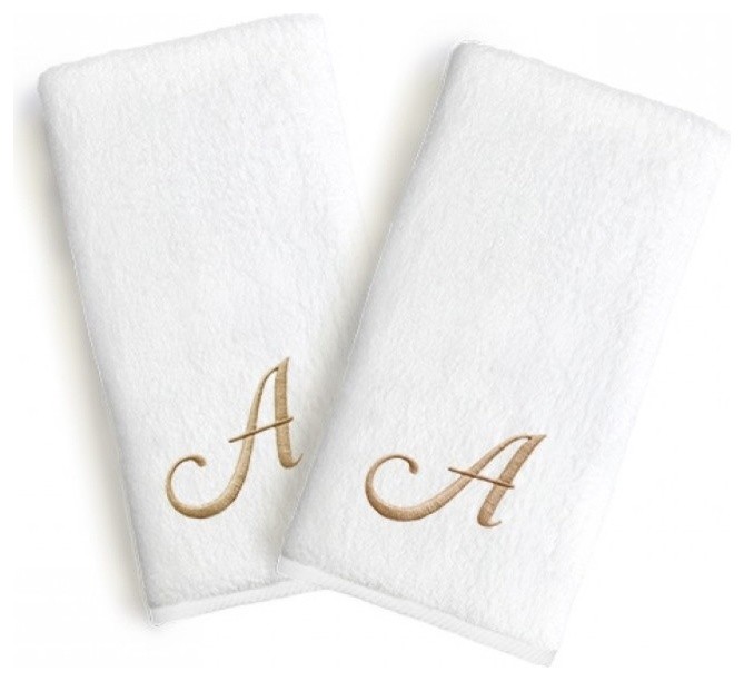 Monogrammed Luxury Novelty Hand Towels, Set of 2, Gioviale Font, Gold, F