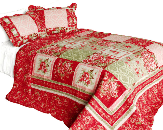 Chinese Wedding Cotton 3PC VermicelliQuilted Printed Quilt Set (Full