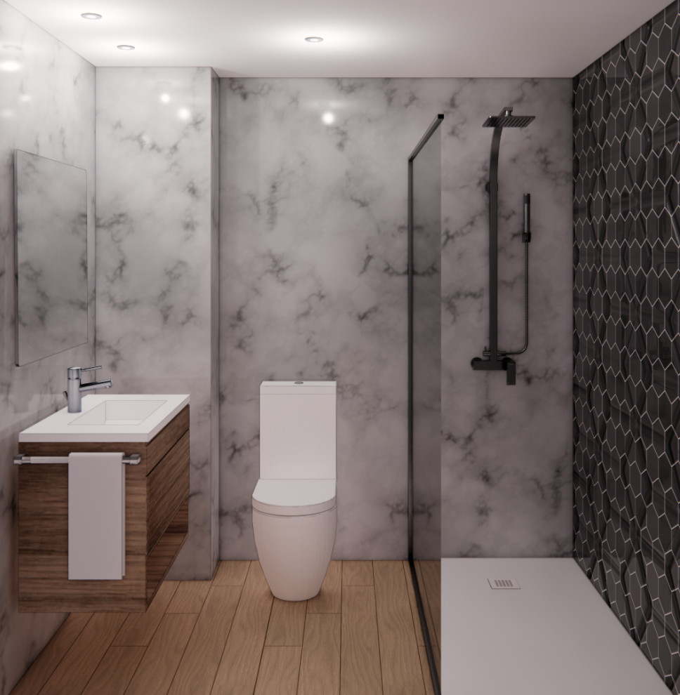 Inspiration for a medium sized contemporary ensuite bathroom in Alicante-Costa Blanca with medium wood cabinets, a built-in shower, marble tiles, wood-effect flooring, a built-in sink, brown floors, a sliding door, an enclosed toilet, a single sink and a floating vanity unit.
