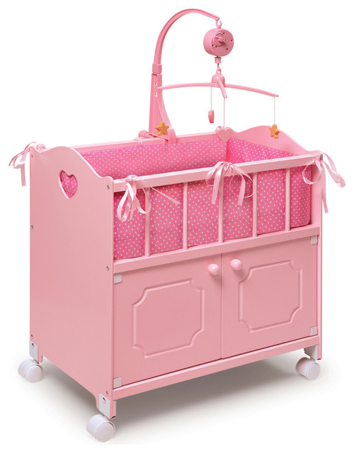 Pink Doll Crib with Cabinet/Bedding/Mobile/Wheels