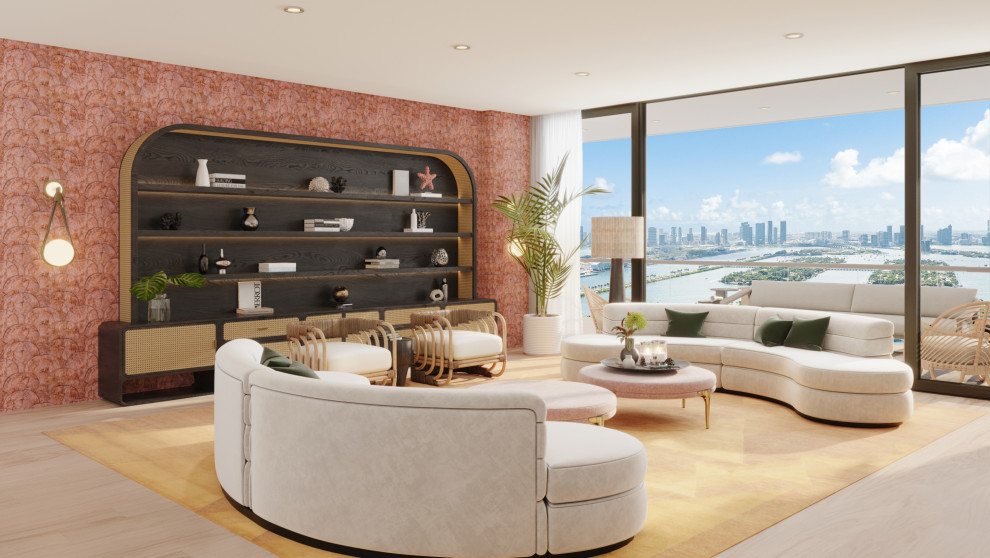 Large modern formal open plan living room in Miami with pink walls, light hardwood flooring, beige floors and wallpapered walls.