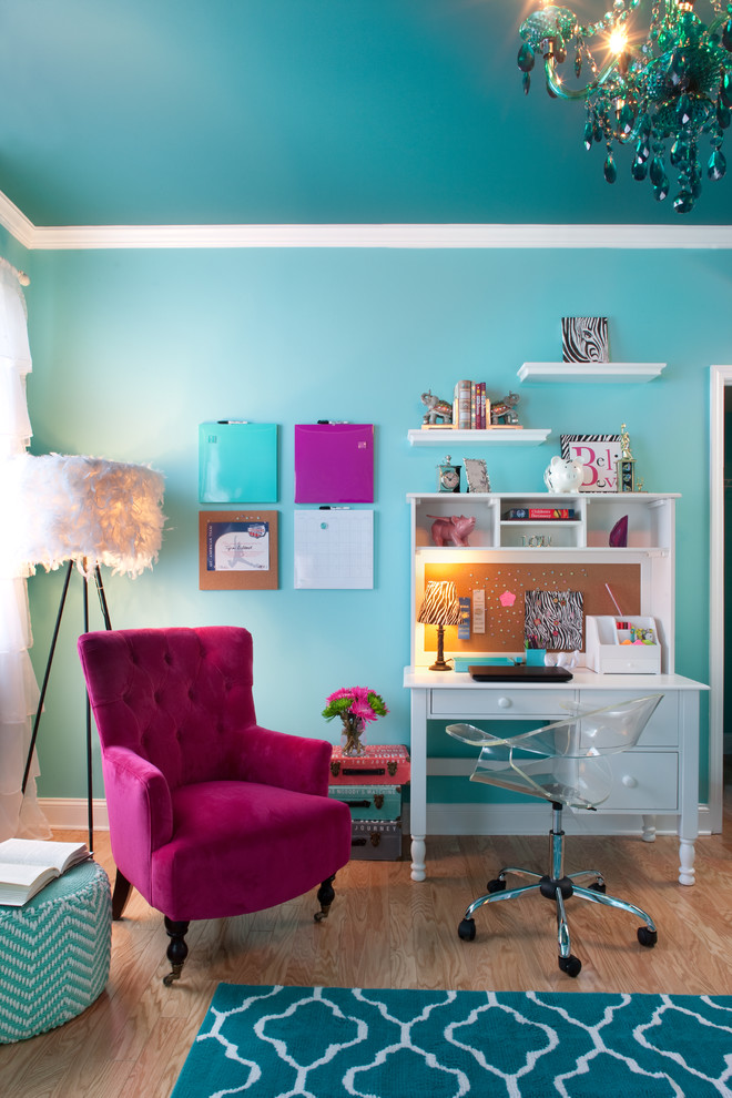 Teenage Girls Just Want To Have Fun! - I was hired by the parents of a soon-to-be teenage girl turning 13 years-old. They wanted to remodel her bedroom from a young girls room to a teenage room. This project was a joy and a dream to work on! I got the opportunity to channel my inner child. I wanted to design a space that she would love to sleep in, entertain, hangout, do homework, and lounge in. 
The first step was to interview her so that she would feel like she was a part of the process and the decision making. I asked her what was her favorite color, what was her favorite print, her favorite hobbies, if there was anything in her room she wanted to keep, and her style.
The second step was to go shopping with her and once that process started she was thrilled. One of the challenges for me was making sure I was able to give her everything she wanted. The other challenge was incorporating her favorite pattern-- zebra print. I decided to bring it into the room in small accent pieces where it was previously the dominant pattern throughout her room. The color palette went from light pink to her favorite color teal with pops of fuchsia. I wanted to make the ceiling a part of the design so I painted it a deep teal and added a beautiful teal glass and crystal chandelier to highlight it. Her room became a private oasis away from her parents where she could escape to. In the end we gave her everything she wanted. 


Photography by Haigwood Studios