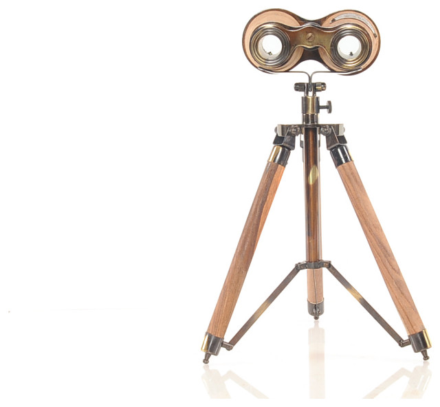 8" X 8" X 11" Wood Brass Binocular On Stand
