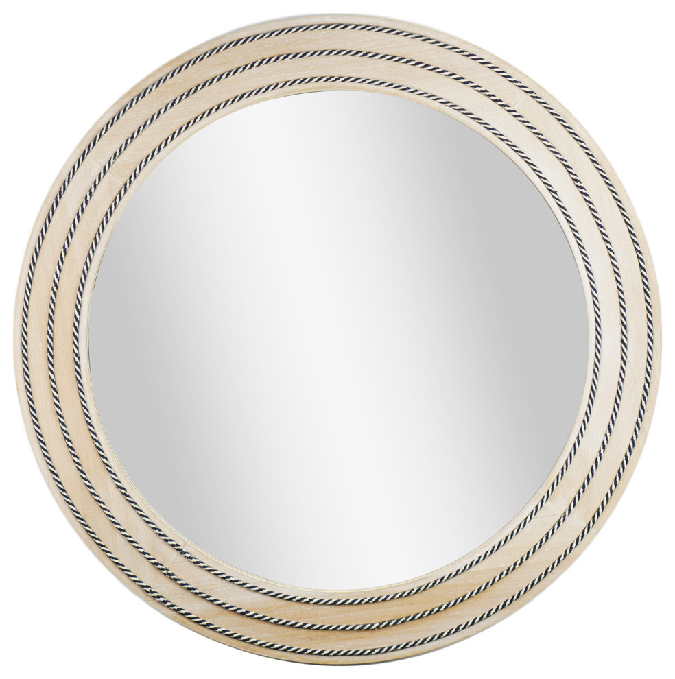 Rustic Neutral Wood Framed Round Wall Mirror With Inlaid Rope