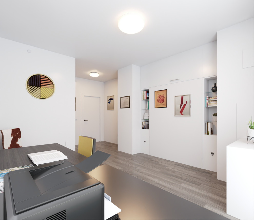 Diseño de habitación de invitados moderna de tamaño medio con paredes blancas, suelo de madera en tonos medios y suelo marrón
