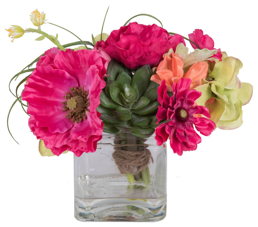 14 Poppy Dahlia And Succulent In Cube Vase Contemporary