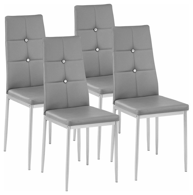 Set of 4 Chairs, Steel Legs and Faux Leather Seat, Diamond-Effect High Back