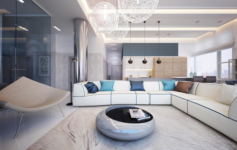 This is an example of a contemporary living room in Los Angeles with white walls and white floor.
