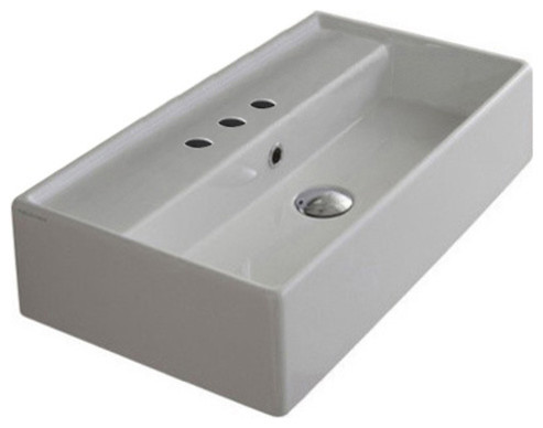 23.6" White Ceramic Wall Mounted or Vessel Sink, Three Hole