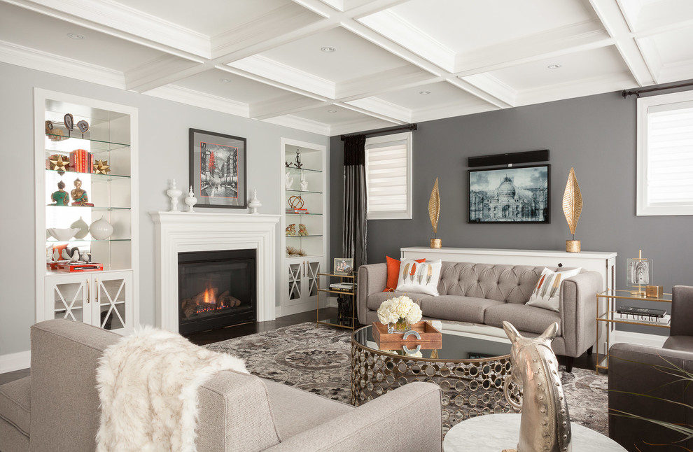 Inspiration for a mid-sized transitional open concept dark wood floor living room remodel in Toronto with gray walls, a standard fireplace and a wall-mounted tv