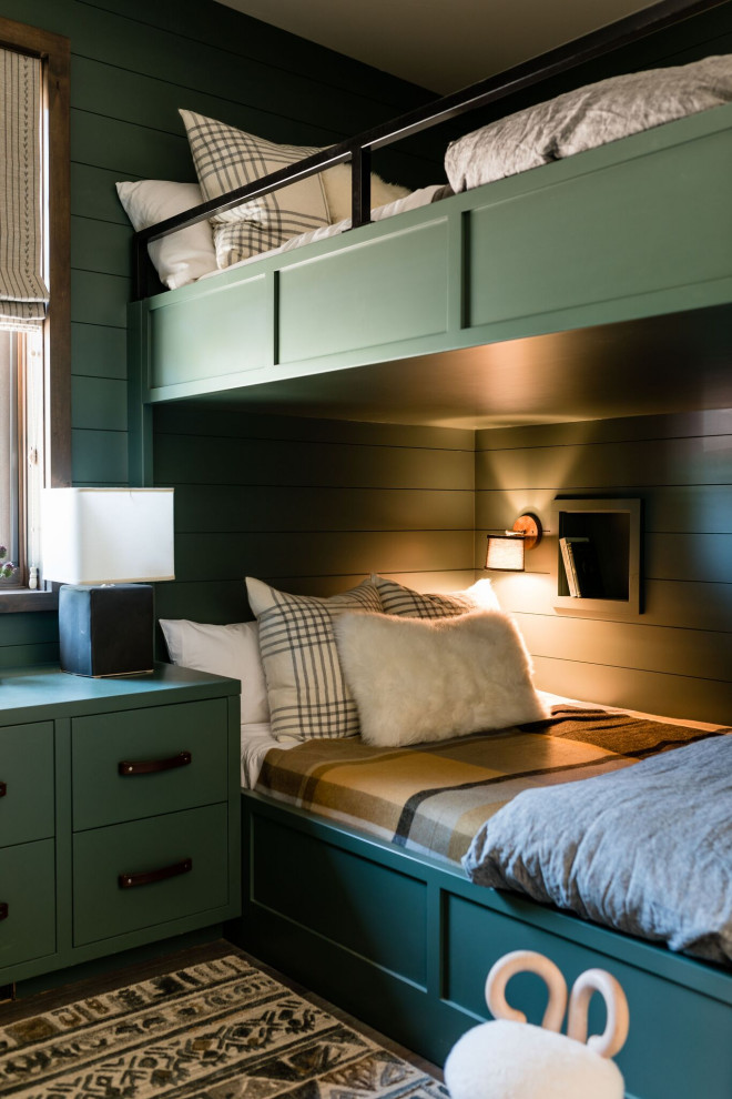 Design ideas for a country bedroom in San Francisco with green walls and planked wall panelling.