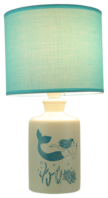 White And Blue Ceramic Swimming Mermaid, Mermaid Table Lamp