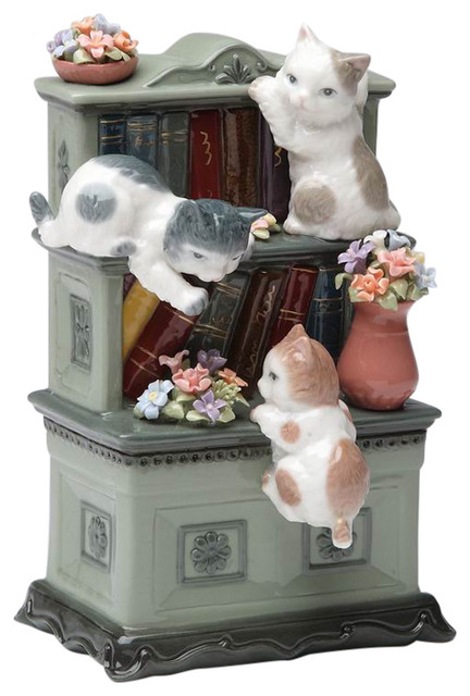 3 Cats Playing On A Book Shelf Musical Box, Tune Fur Elise