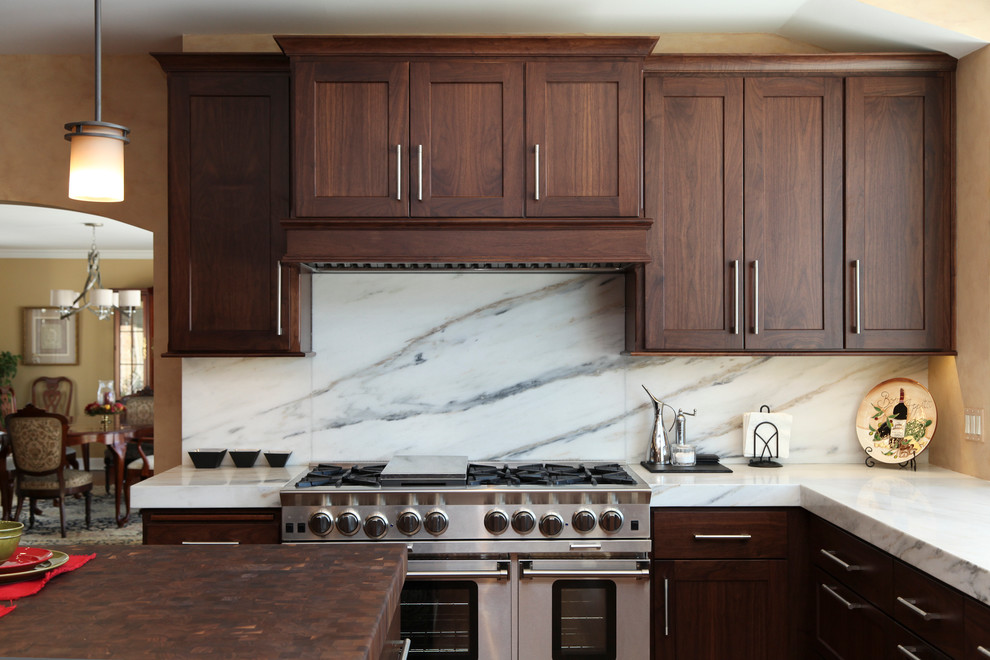 Inspiration for a transitional medium tone wood floor kitchen remodel in Chicago with an undermount sink, shaker cabinets, dark wood cabinets, wood countertops, multicolored backsplash, ceramic backsplash and stainless steel appliances