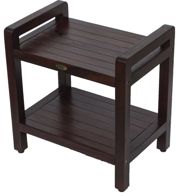 Rectangular Teak Shower Bench With Handles, Brown Finish Contemporary