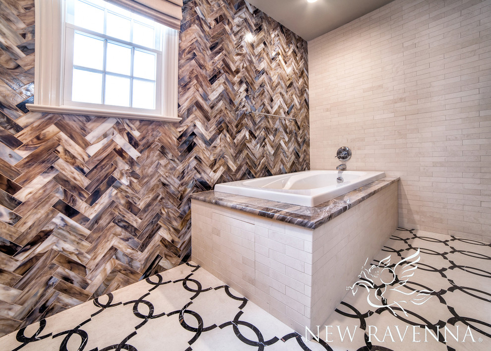 Inspiration for a contemporary bathroom in Other with a corner tub, brown tile, mosaic tile, brown walls and mosaic tile floors.