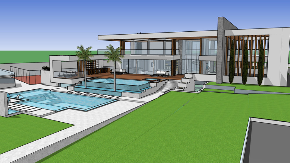 Пример оригинального дизайна: большой бассейн-инфинити произвольной формы в доме в стиле модернизм с джакузи
