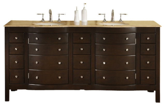 72 Inch Dark Brown Double Sink Bathroom Vanity, Travertine Top, Transitional - Transitional ...