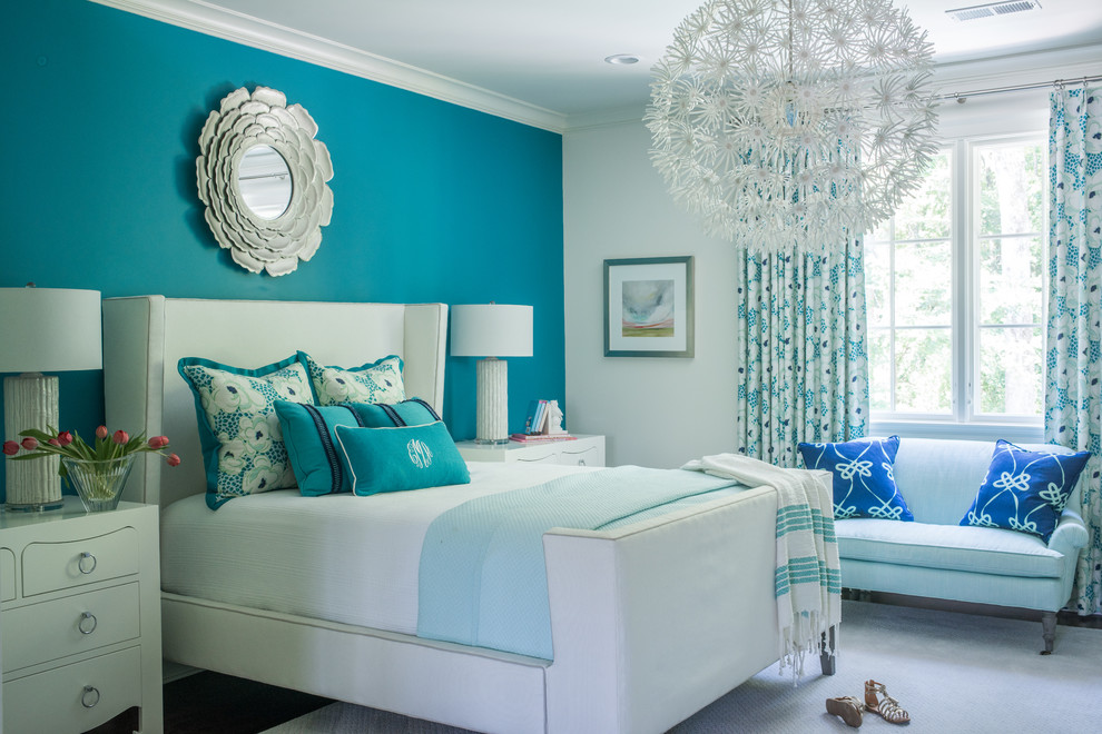 Inspiration for a large transitional guest bedroom in Other with blue walls and dark hardwood floors.