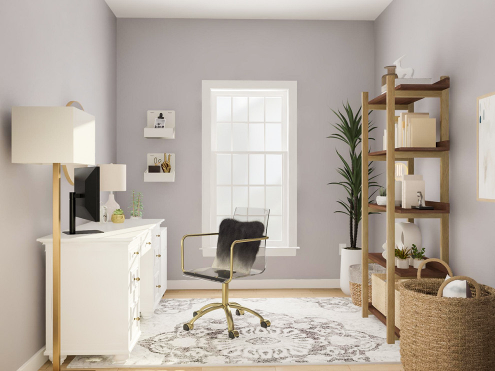 Idee per un piccolo ufficio minimalista con pareti grigie, parquet chiaro e scrivania autoportante