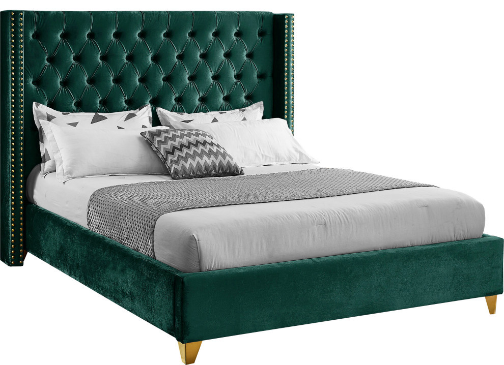 Barolo Velvet Upholstered Bed, Green, Full