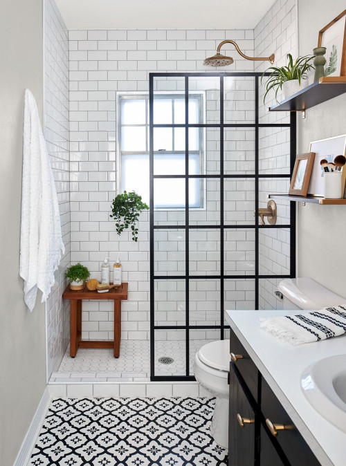Fresh Design: Black-White Bathroom With Wooden Shelves Over The Toilet