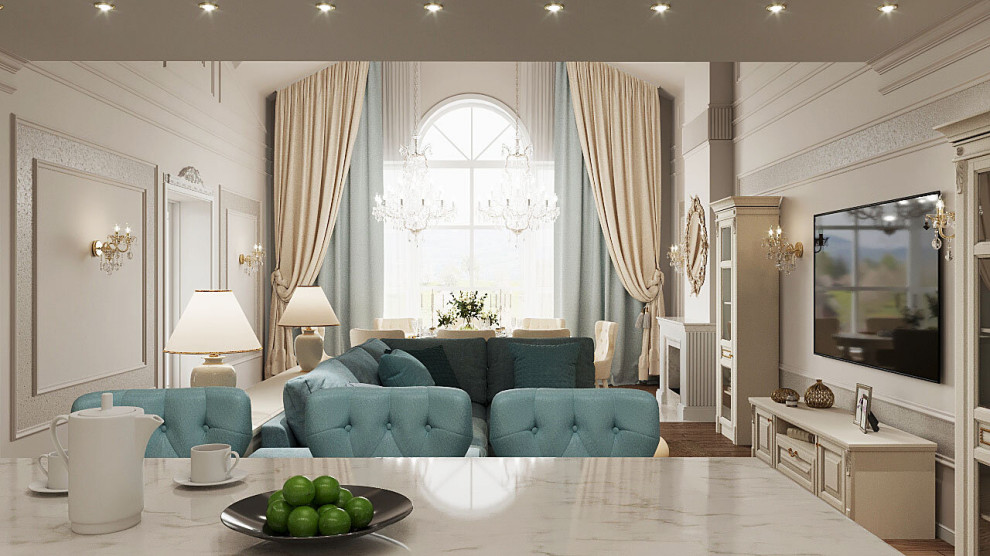 Esempio di un grande soggiorno chic aperto con pareti beige, parquet chiaro, TV a parete e pavimento beige
