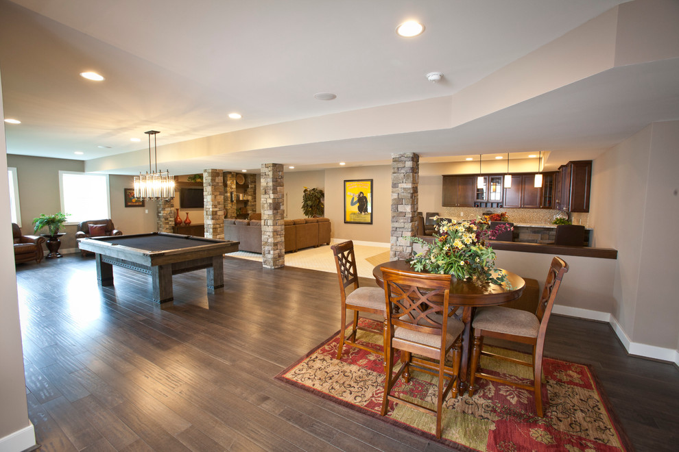 Inspiration for a large transitional walk-out dark wood floor basement remodel in Cincinnati with gray walls