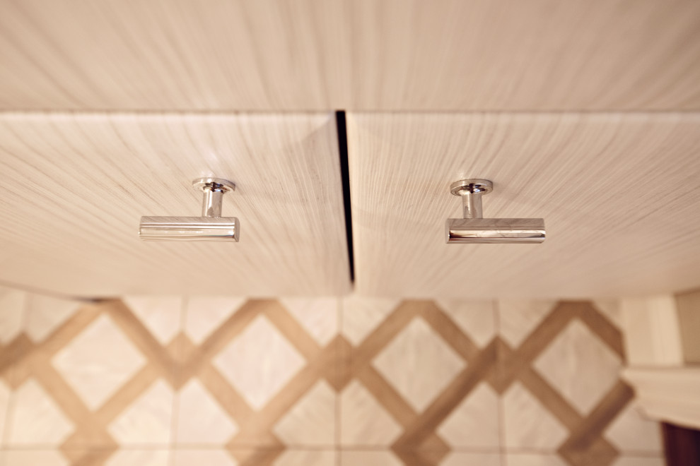 Inspiration for a small transitional 3/4 gray tile and porcelain tile single-sink home design remodel in San Diego with flat-panel cabinets, white cabinets, gray walls, an undermount sink, quartz countertops, a hinged shower door, white countertops and a built-in vanity