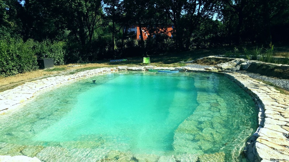 Foto di una piscina naturale country personalizzata di medie dimensioni e dietro casa con pavimentazioni in pietra naturale