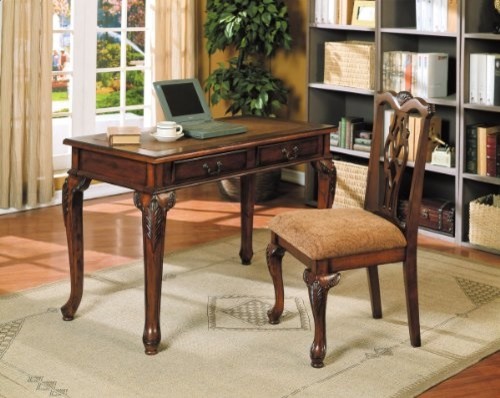 Aristocrat collection dark cherry brown finish wood desk and chair set with deta