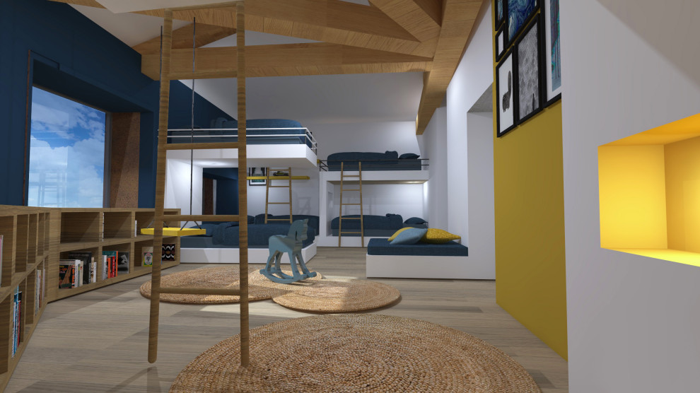 Réalisation d'une grande chambre d'enfant de 4 à 10 ans minimaliste avec un mur bleu, parquet clair, un sol beige, poutres apparentes et un lit superposé.