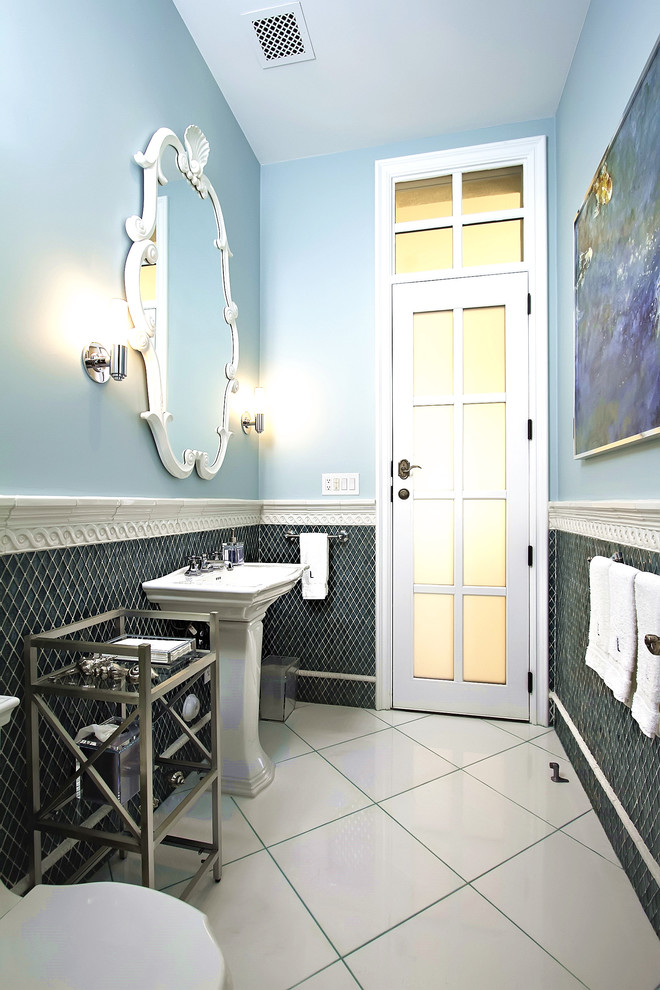 Inspiration for a traditional bathroom in Phoenix with a pedestal sink, blue tile and mosaic tile.