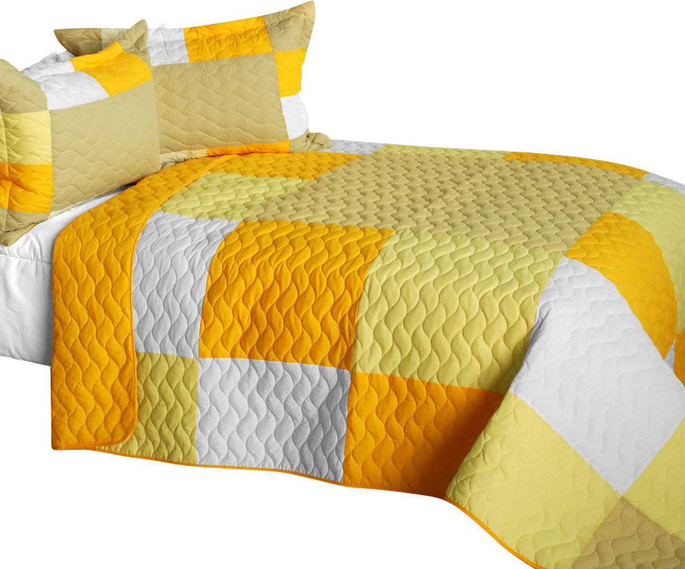 Sunshine 3PC Cotton VermicelliQuilted Patchwork Plaid Quilt