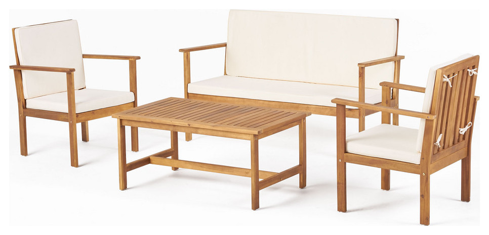 GDF Studio 4-Piece Lucent Outdoor Acacia Wood Chat with Cushions Set
