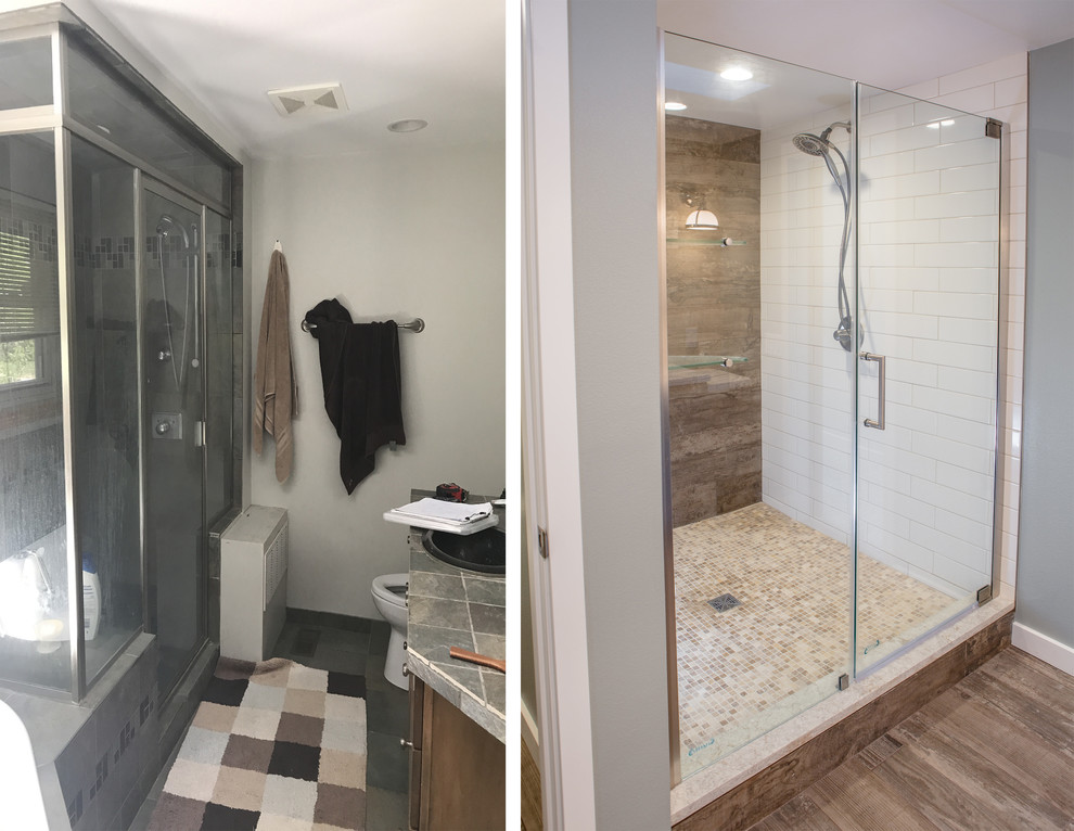 Inspiration for a large traditional master bathroom in Denver with flat-panel cabinets, dark wood cabinets, an alcove shower, a one-piece toilet, beige tile, ceramic tile, grey walls, porcelain floors, an integrated sink, engineered quartz benchtops, brown floor and a hinged shower door.