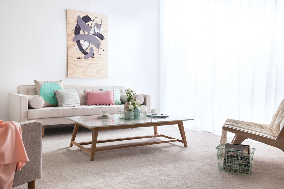 Design ideas for a scandinavian formal living room in Geelong with white walls, carpet and grey floor.
