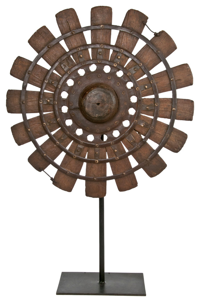 Consigned Vintage Wooden Wheel on Recycled Iron Stand