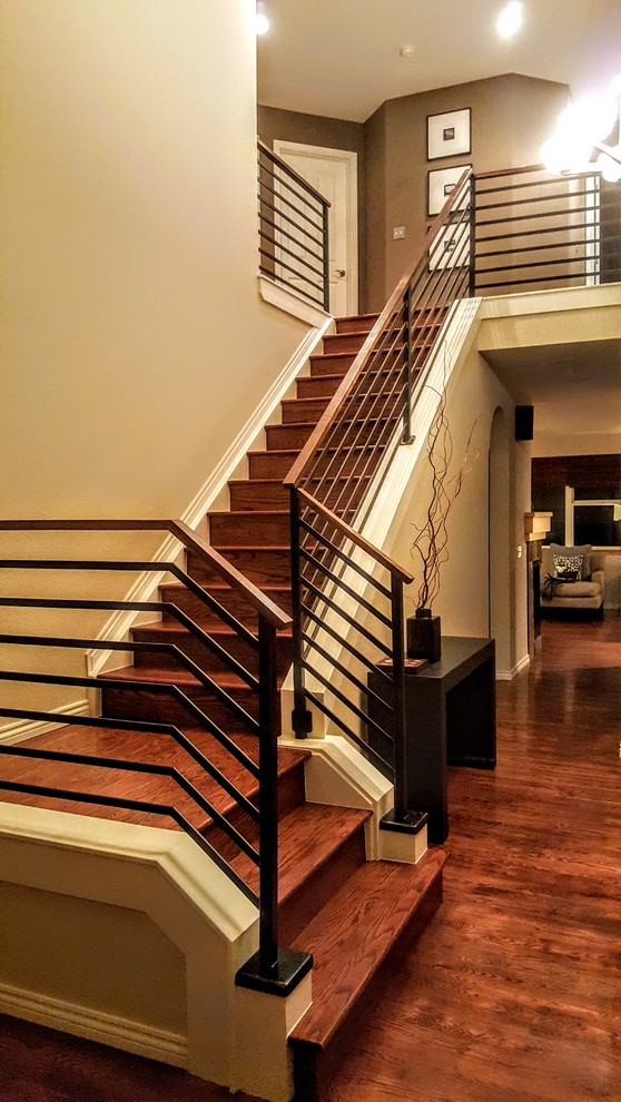 Design ideas for a mid-sized contemporary wood l-shaped staircase in Denver with mixed railing and wood risers.