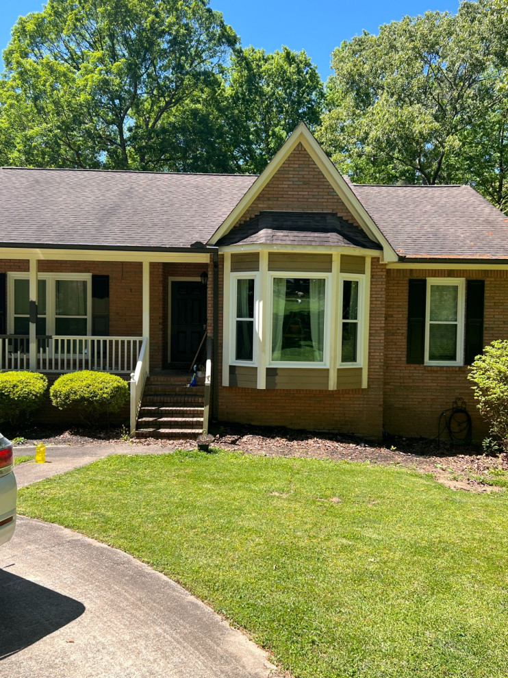 Exterior trim and porch paint + white vinyl windows