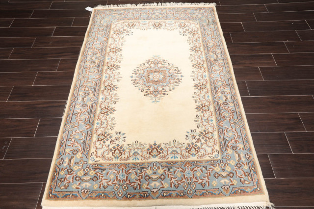 4'2''x6'3'' Hand Knotted Wool Kerman Oriental Area Rug Cream, Blue