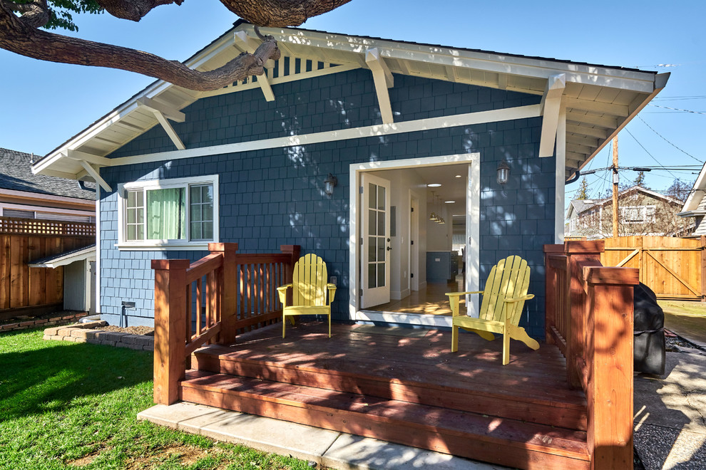 Photo of a small arts and crafts one-storey blue exterior in San Francisco with wood siding and a gable roof.