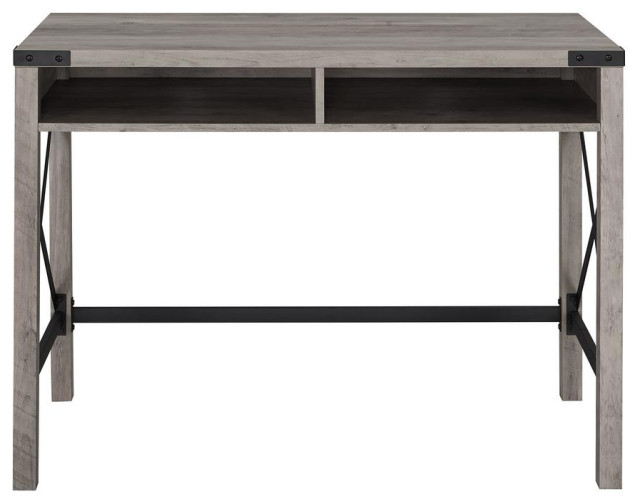 42" Farmhouse Metal & Wood Desk Grey Wash Industrial Desks And