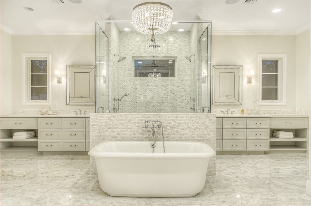 Inspiration for a large contemporary master bathroom in Phoenix with recessed-panel cabinets, white cabinets, a freestanding tub, multi-coloured tile, mosaic tile, white walls, marble floors, a double shower and an undermount sink.